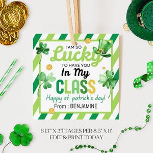 I'm So Lucky to Have You in My Class Gift Tag, St Patricks Day Student Favor Tags, Teacher Classroom Shamrock Treat Bag Tags Printable