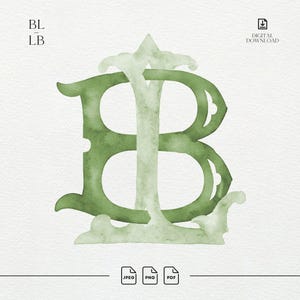 Puede incluir: Un gráfico de descarga digital que presenta un monograma ornamentado y entrelazado de las letras B y L en una textura de acuarela verde salvia. El diseño incluye adornos decorativos y detalles serif, con el texto BL LB e iconos de archivo.