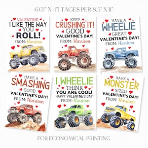 Monster Truck Aquarell Valentinstagskarten - Kinder Valentinstagskarten - Schule Valentinstag Tags - DIY bearbeitbare Valentinstagskarten - mit Corjl