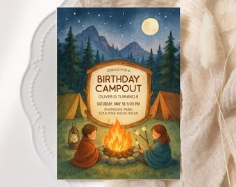 Camping Birthday Invitation - Campout Party, Personalized (PDF & JPEG)