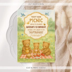 Convite de aniversário de urso verde editável - Convite digital de piquenique de urso de pelúcia - Convite de aniversário personalizado - Personalizado