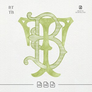 May include: A light green monogram featuring the intertwined letters B and T with a fine horizontal line texture. The design includes the text BT TB in the top left corner and the text DIGITAL DOWNLOAD in the top right corner. File icons for JPEG, PNG, and PDF are at the bottom.