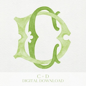 May include: Watercolor illustration of intertwined green letters "C" and "D" on a white background. The letters are in a decorative, flowing script. Below the letters, the text reads "C + D DIGITAL DOWNLOAD".