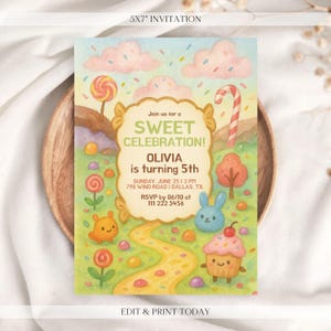 Invito di compleanno modificabile per una festa dolce - Invito digitale per la festa di compleanno con caramelle - Invito di compleanno personalizzato - Personalizzato
