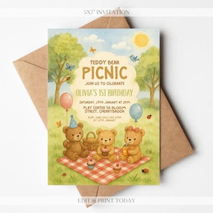 Invitation d'anniversaire modifiable d'ours de verdure - invitation numérique d'anniversaire de pique-nique d'ours en peluche - invitation d'anniversaire personnalisée - personnalisée