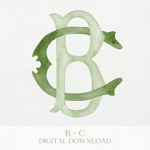 Könnte beinhalten: Aquarell-Monogramm mit den ineinander verschlungenen Buchstaben "B" und "C" in Grüntönen. Das Design hat eine handgemalte, Vintage-Ästhetik. Unter dem Monogramm steht der Text "B + C DIGITAL DOWNLOAD".