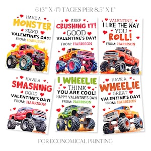 Tarjetas de San Valentín con acuarela de Monster Truck - Tarjetas de San Valentín para niños - Etiquetas de San Valentín para la escuela - Tarjetas de San Valentín editables para hacer tú mismo - Con Corjl