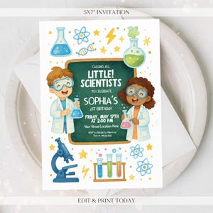 May include: A 5x7 inch invitation for a child's first birthday party. The invitation features a chalkboard with the text "Calling all Little! Scientists to celebrate Sophia's 1st Birthday. Friday, May 17th at 2:00 PM. Your Venue Location Here. RSVP to Natale by March 15. Text or call 995-999". The invitation also features two children dressed as scientists, holding beakers and wearing goggles. The invitation is decorated with stars, lightning bolts, and atoms.