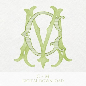 Könnte beinhalten: Ein hellgrünes Aquarell-Monogramm-Design mit den Buchstaben C, M und A, die miteinander verschlungen sind. Die Buchstaben haben einen dekorativen, Vintage-Stil mit feinen Linien. Der Text "C + M DIGITAL DOWNLOAD" steht unten.