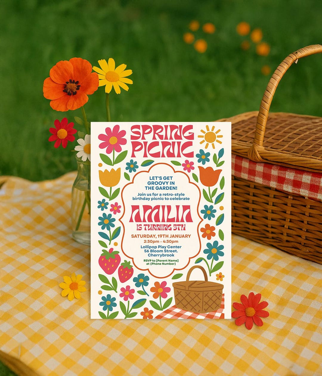 Spring Picnic Invitation Spring Picnic Birthday Invitation – Floral Gingham, Editable (PDF ...