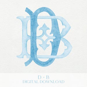Könnte beinhalten: Ein Aquarelldesign mit ineinander verschlungenen hellblauen Buchstaben "D" und "B" in einem verzierten, dekorativen Stil. Der Text "D + B DIGITAL DOWNLOAD" befindet sich am unteren Bildrand auf weißem Hintergrund.