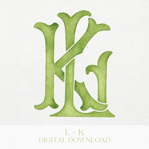 以下が含まれることがあります： 緑色の水彩画のモノグラムで、装飾的な装飾が施された「L」と「K」の文字が絡み合っています。「L + K DIGITAL DOWNLOAD」というテキストが白い背景の下にあります。
