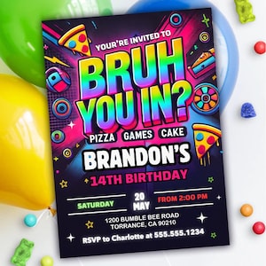 Festa de grafite neon, convite de aniversário do bruh, convite de aniversário do bruh you in?, cartão de aniversário para impressão, modelo editável do canva,