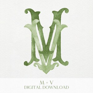 May include: Watercolor monogram design featuring the intertwined letters M and V in shades of green. The elegant, stylized letters are set against a white background. Below the monogram, the text reads "M + V DIGITAL DOWNLOAD".