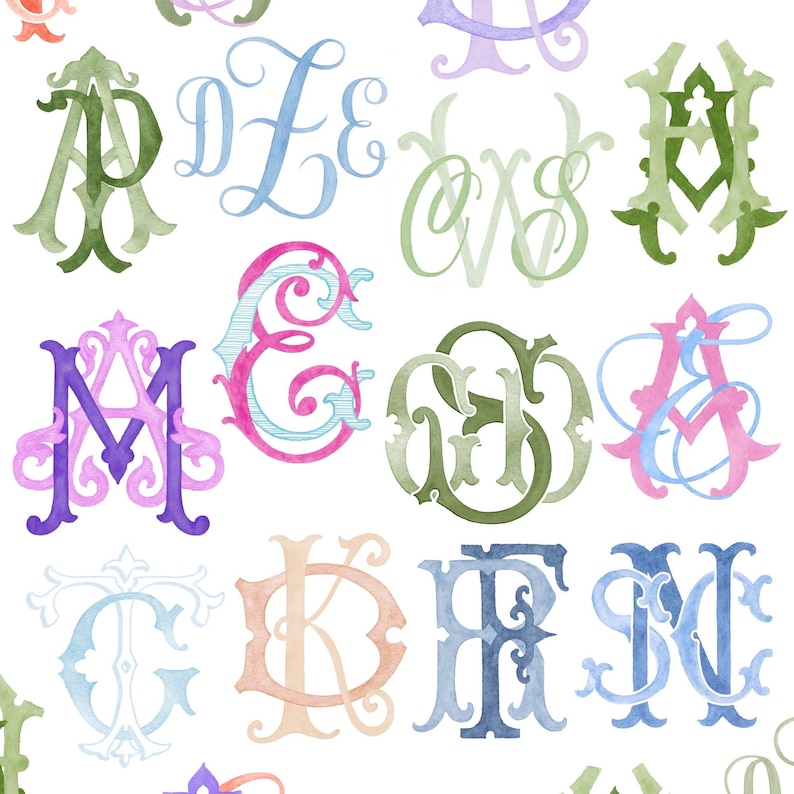 May include: Watercolor monogram letters in various colors, including green, blue, pink, and purple, are arranged on a white background. The letters feature ornate, decorative flourishes and are suitable for personalized stationery or design projects.