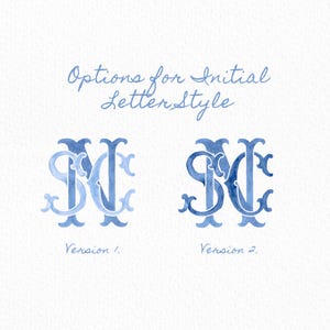 May include: Watercolor illustration of two monogram options in shades of blue. The text "Options for Initial Letter Style" is written in cursive at the top. Below, two versions of the monogram are displayed, labeled "Version 1" and "Version 2".