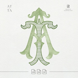 Può includere: Un monogramma verde salvia con le lettere A e T intrecciate in un carattere serif decorativo con dettagli a linee orizzontali. Il design include il testo AT TA nell'angolo in alto a sinistra e icone di download digitale nella parte inferiore.