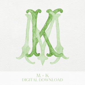 May include: Watercolor monogram design featuring the intertwined letters "M" and "K" in shades of green. The letters have an elegant, decorative style. The text "M + K DIGITAL DOWNLOAD" is below the monogram.