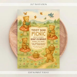 Convite de aniversário de urso verde editável - Convite digital de piquenique de urso de pelúcia - Convite de aniversário personalizado - Personalizado