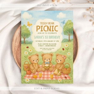 Convite de aniversário de urso verde editável - Convite digital de piquenique de urso de pelúcia - Convite de aniversário personalizado - Personalizado