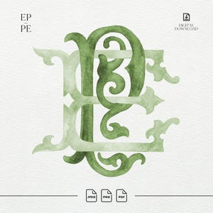 Puede incluir: Una descarga digital que presenta un monograma ornamentado y entrelazado de las letras E y P. El diseño está representado en varios tonos de verde salvia y bosque con una textura de acuarela, mostrando adornos decorativos y bordes con serifa.