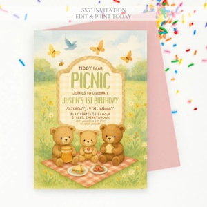 Convite de aniversário de urso verde editável - Convite digital de piquenique de urso de pelúcia - Convite de aniversário personalizado - Personalizado