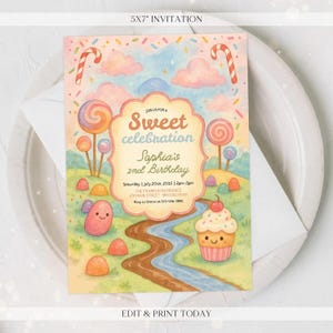 Invito di compleanno modificabile per una festa dolce - Invito digitale di compleanno per la festa di Candyland - Invito di compleanno personalizzato - Personalizzato