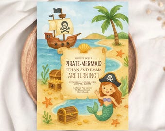 May include: A colourful invitation for a pirate and mermaid themed birthday party. The invitation features a cartoon pirate ship, a mermaid with a pirate hat, and treasure chests. The text on the invitation reads "Join us for a Pirate-Mermaid Ethan and Emma are turning 1 Saturday, March 19th 2:30PM-4:30PM Lollipop Play Centre 56 Bloom Street, Cherrybrook".
