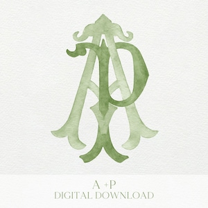 May include: A watercolor design featuring the intertwined letters "A" and "P" in shades of green. The elegant monogram has decorative flourishes and is set against a textured white background. The text "A + P DIGITAL DOWNLOAD" is below the monogram.