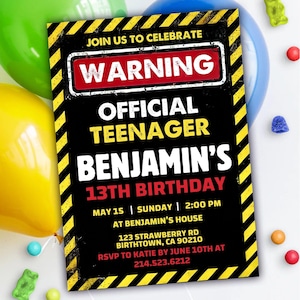 Faire-parts modifiables pour le 13e anniversaire de garçon adolescent, avertissement officiel adolescent 13e anniversaire Invitation, 13e invitation adolescent, toile 5 x 7