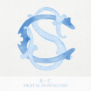 May include: Watercolor monogram design featuring the intertwined letters "S" and "C" in shades of blue. The letters overlap, creating a decorative and elegant look. The text "S + C DIGITAL DOWNLOAD" is at the bottom.