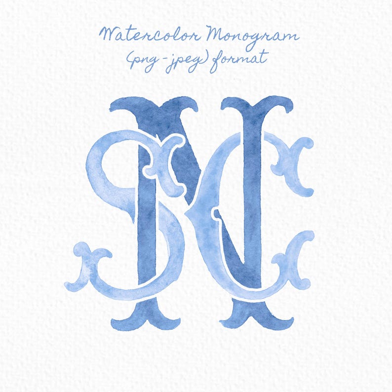 May include: Watercolor monogram in shades of blue, featuring the intertwined letters "NC". The design has an elegant, flowing script style with decorative flourishes. The text "Watercolor Monogram (png-jpeg) format" is written at the top.
