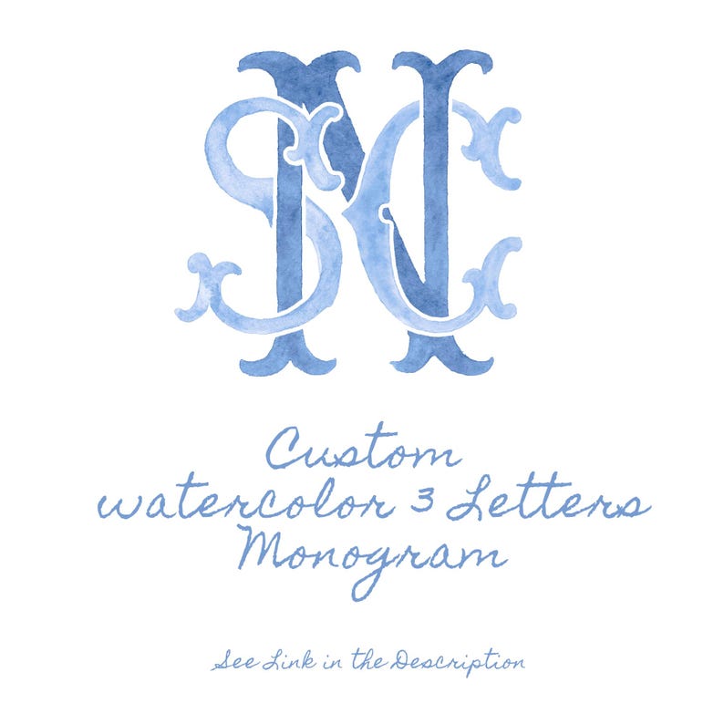 May include: Watercolor monogram in shades of blue on a white background. The design features three intertwined letters. Below the monogram, the text reads "Custom watercolor 3 Letters Monogram" and "See link in the Description".