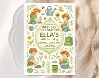 May include: A green and brown illustrated invitation for a birthday party. The invitation features a girl and boy gardening with a compost bin, watering can, and other gardening tools. The text reads "Join us for a birthday celebration Ella's 6th Birthday Sunday, March 19th Play Centre 56 Bloom Street. Cherrybrook."