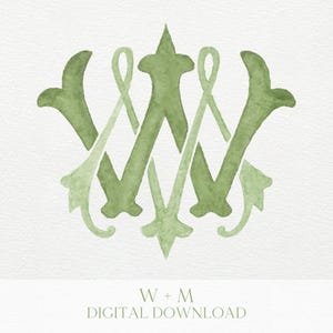 Puede incluir: Ilustración en acuarela de un monograma en tonos verdes. Las letras entrelazadas "W" y "M" son el punto focal, con detalles decorativos. El texto "W + M DIGITAL DOWNLOAD" se encuentra en la parte inferior.