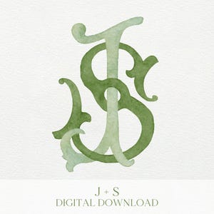 Może przedstawiać: Akwarelowy monogram w odcieniach zieleni, przedstawiający splecione litery "J" i "S". Projekt ma dekoracyjny, płynny styl z ozdobami. Tekst "J + S DIGITAL DOWNLOAD" jest wydrukowany poniżej.