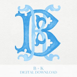 May include: A watercolor monogram featuring the letters "B" and "K" in shades of blue. The intertwined letters have decorative flourishes and are set against a white background. The text "B + K DIGITAL DOWNLOAD" is at the bottom.