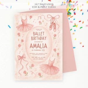 Invito di compleanno modificabile a tema ballerina - Ragazza, rosa, danza e volteggia, invito digitale per festa di compleanno a tema balletto - Invito di compleanno personalizzato