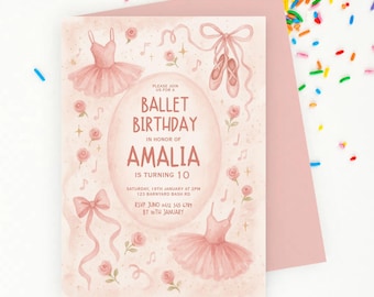 May include: Pink ballet birthday invitation with a watercolour design. The invitation features a ballerina's tutu, ballet shoes, musical notes, and roses. The text reads "Please join us for a Ballet Birthday in honour of Amalia is turning 10. Saturday, 19th January at 2pm 123 Barnyard Bash Rd RSVP Juno 0412 345 6789 by 10th January."