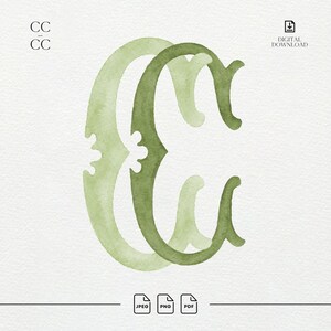 May include: A digital graphic featuring two overlapping letter C characters in watercolour style. The left letter is a light sage green, while the right letter is a darker olive green. The text CC appears in the top left and file icons at the bottom.