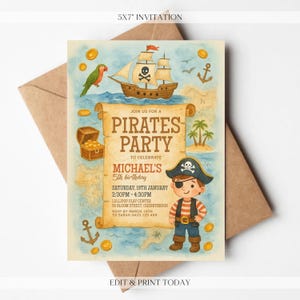 Invitación de cumpleaños pirata editable - Invitación digital de cumpleaños de fiesta pirata - Invitación de cumpleaños personalizada - Personalizada y enviada a usted