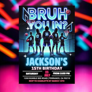 Neongraffitifeest, Bruh verjaardagsuitnodiging, BRUH BINNEN JE BINNEN? Verjaardagsuitnodiging, afdrukbare verjaardagskaart, bewerkbare canvassjabloon,