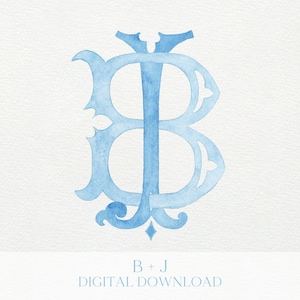 May include: A light blue watercolor monogram featuring the letters "B" and "J" intertwined. The design has decorative flourishes and is set against a white background. Text at the bottom reads "B + J DIGITAL DOWNLOAD".
