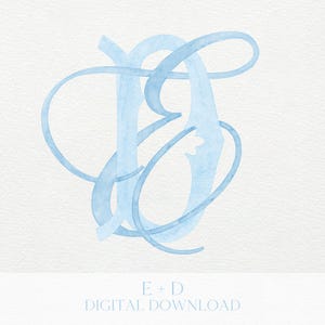 May include: A light blue watercolor monogram featuring the intertwined letters "E" and "D" in a flowing script style. The design is set against a textured white background. The text "E + D DIGITAL DOWNLOAD" is at the bottom.