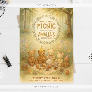 Convite de aniversário de urso verde editável - Convite digital de piquenique de urso de pelúcia - Convite de aniversário personalizado - Personalizado