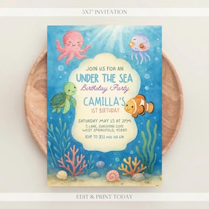 Bewerkbare verjaardagsuitnodiging Under the Sea - dieren oceaanthema Digitale verjaardagsuitnodiging - aangepaste verjaardagsuitnodiging - gepersonaliseerd