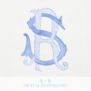 May include: Watercolor monogram in shades of blue, featuring the intertwined letters "S" and "R." The design has a vintage, elegant feel with decorative flourishes. The text "S + R DIGITAL DOWNLOAD" is at the bottom.
