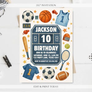 Convite de aniversário esportivo editável - Convite digital de aniversário com tema esportivo - Convite de aniversário personalizado - Personalizado e enviado a você
