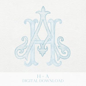 Può includere: Un monogramma acquerello azzurro con le lettere intrecciate "H" e "A" in uno stile elegante e decorativo. Il design include decorazioni e una texture a righe, su sfondo bianco. Il testo in basso recita "H + A DIGITAL DOWNLOAD".