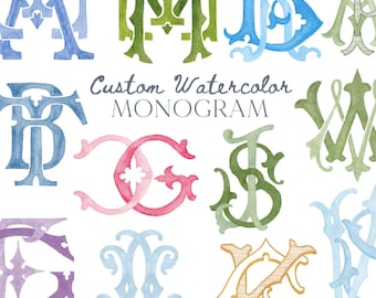 Custom Three Monogram Initial Letters, Three Two Monogram for Crest Design, Wedding Monogram, Wedding Logo, Custom Watercolor Wedding Crest